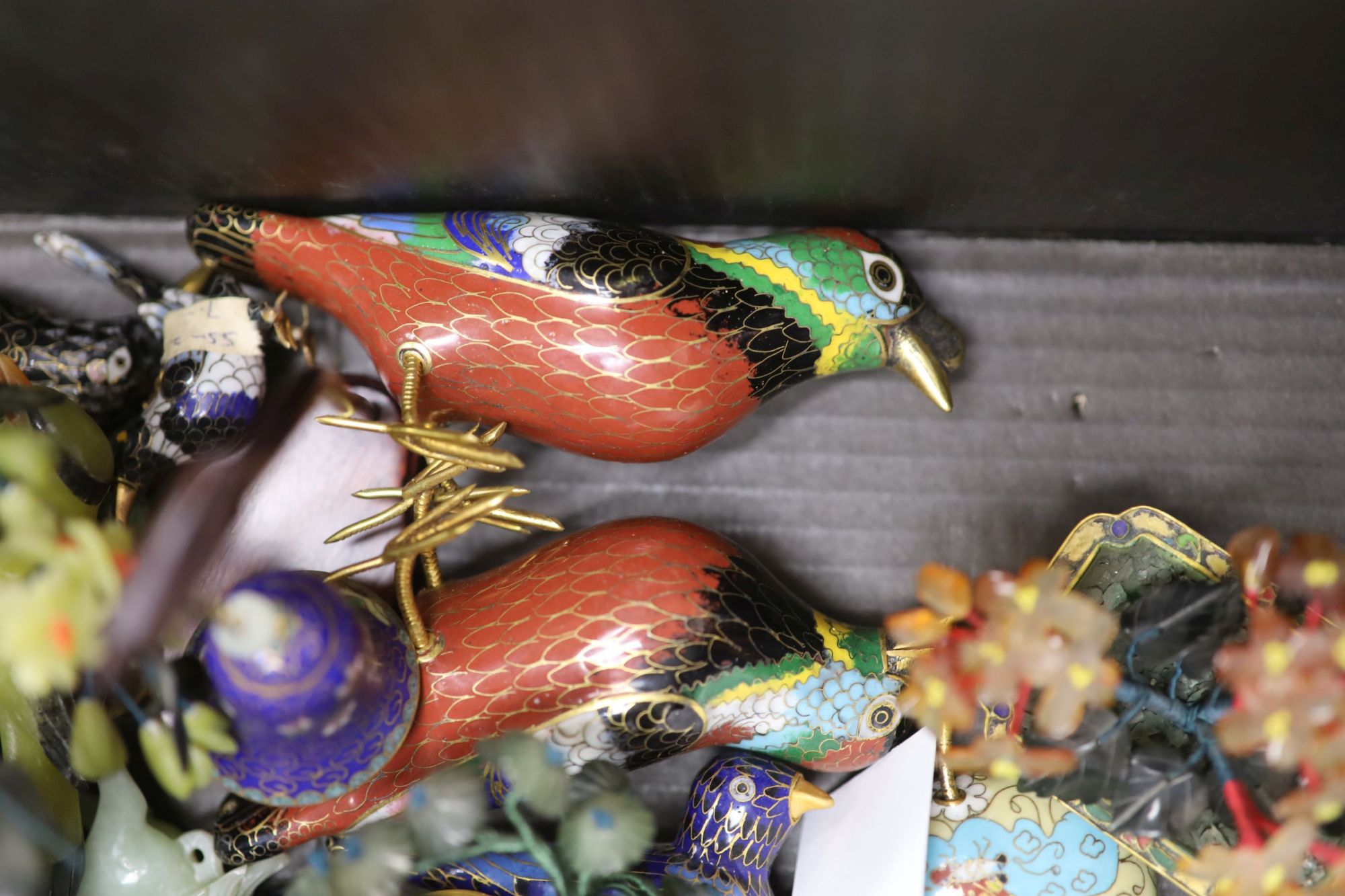 A group of Chinese cloisonne enamel and hardstone models of birds, plants and eggs, etc.